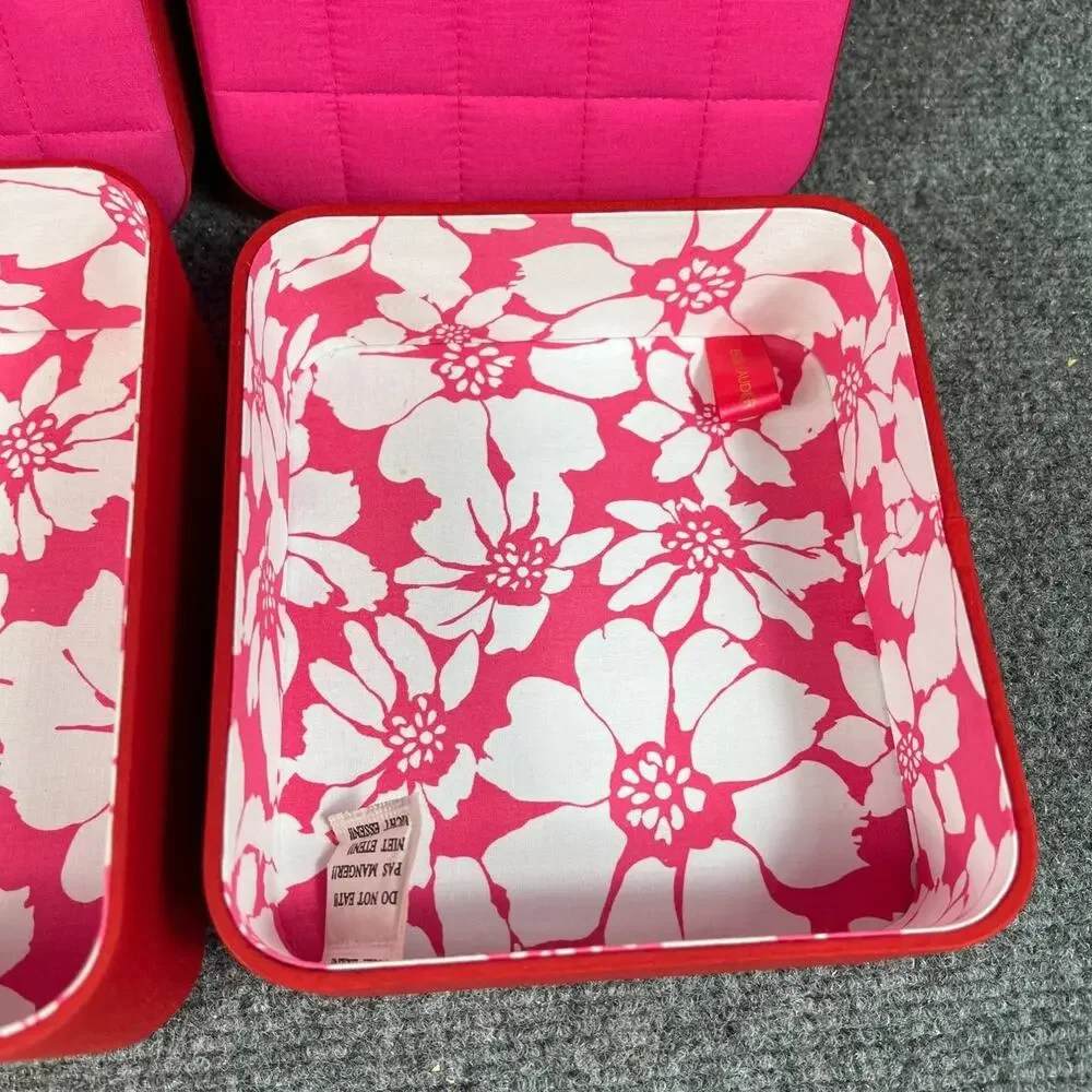 NEW 2pc Estée Lauder Pink Floral Storage Gift Boxes Set Quilted Lid Cosmetic